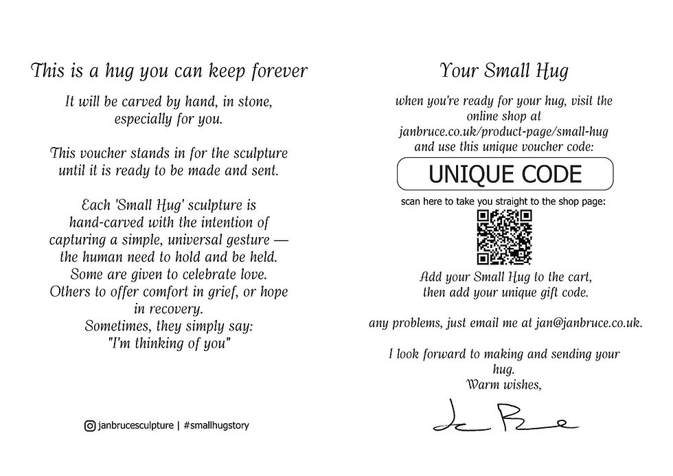 Thumbnail: Inside of Small Hug gift voucher showing unique one-use redemption code and website link.