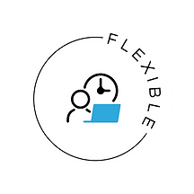 An icon for 'flexible' showing a person, clock and laptop