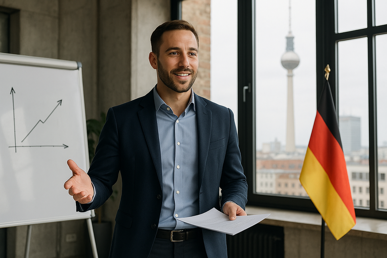 Confident German professional presenting in a Berlin office