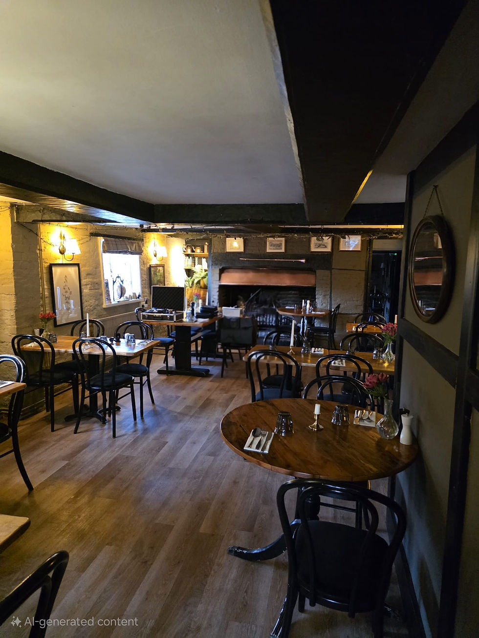 Here, the main dining area and bar at the Fleur de Lys, pilley