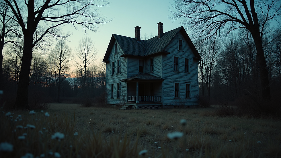 Eye-level view of an old abandoned house at dusk