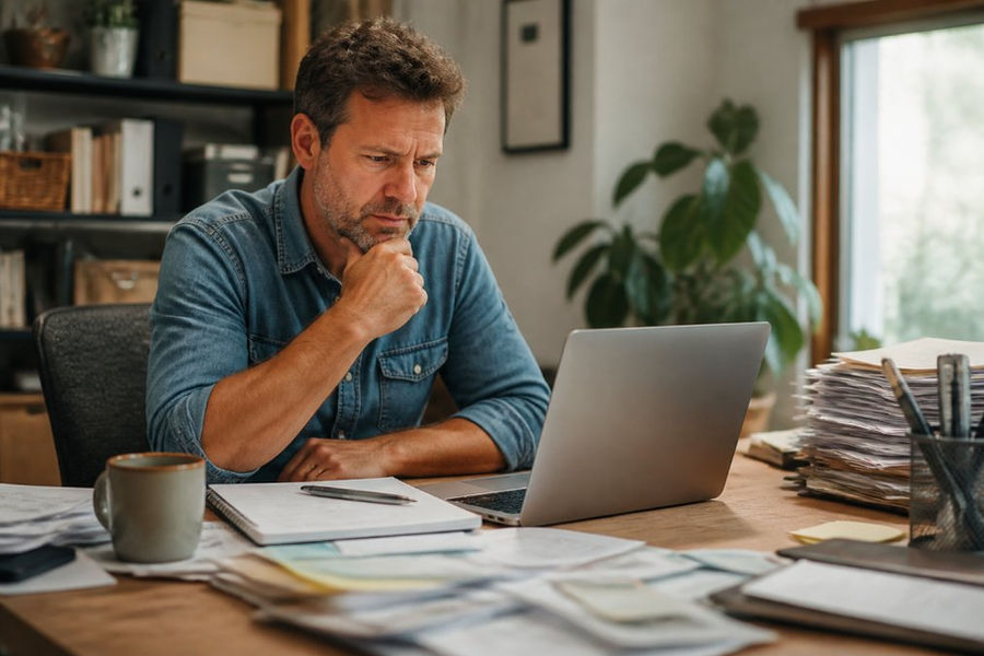 Small business owner reviewing analytics on a laptop while considering hiring marketing help at a busy desk