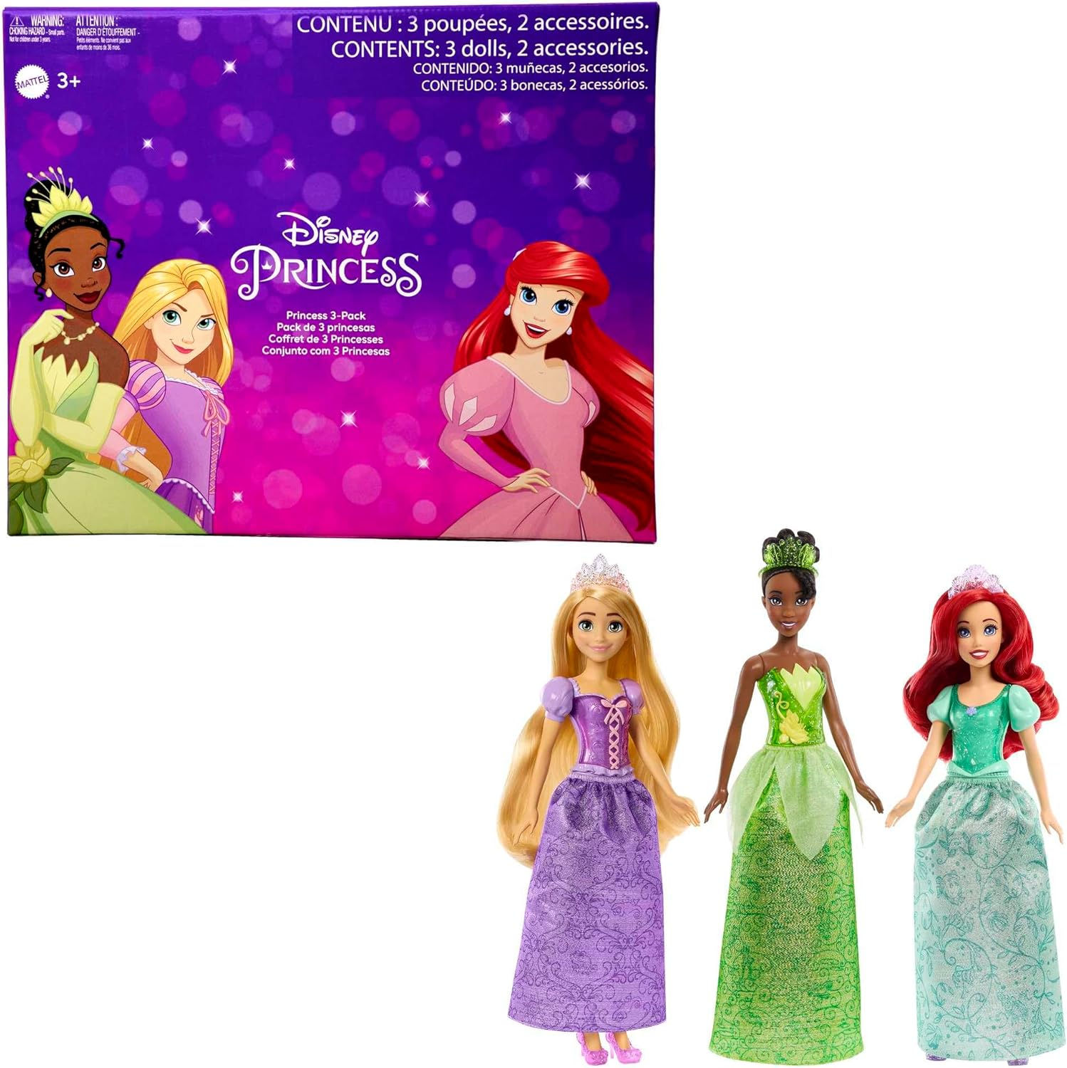 Mattel Princesses Disney - Tiana + Rapunzel + Ariel - Coffret 3 princesses