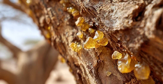The frankincense tree (Boswellia sacra) is a desert tree that produces aromatic resin used for thousands of years in medicine, skincare, and religious rituals. The resin contains boswellic acids and aromatic compounds that provide anti-inflammatory, antioxidant, and soothing properties.