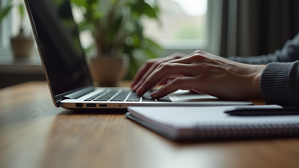 Eye-level view of a person typing on a laptop with a notepad beside them