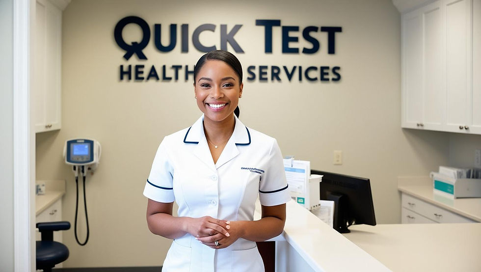Reception area at Quick Test Health Services in Mesa, AZ, featuring a staff member in uniform and visible clinic signage. Walk-in and mobile lab testing available.
