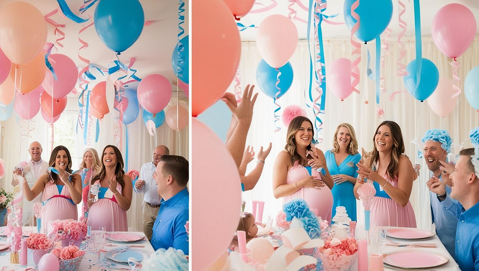 Quick Test Health Services gender reveal party with pregnant moms, cake, family and ballons.