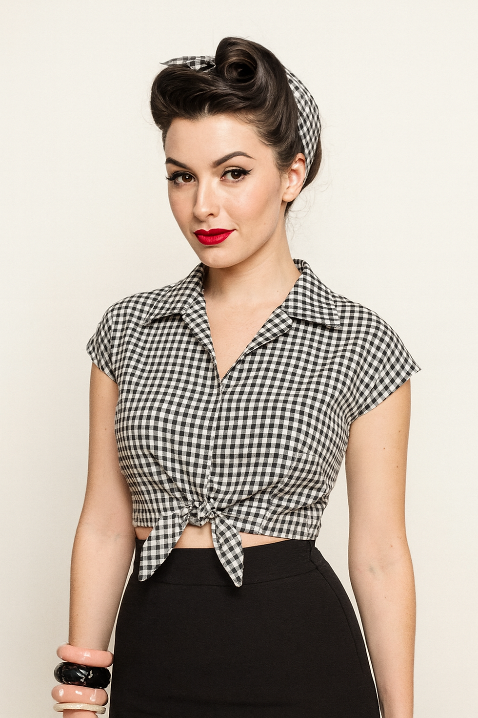 Black Gingham Tie Top - Style# TH-133