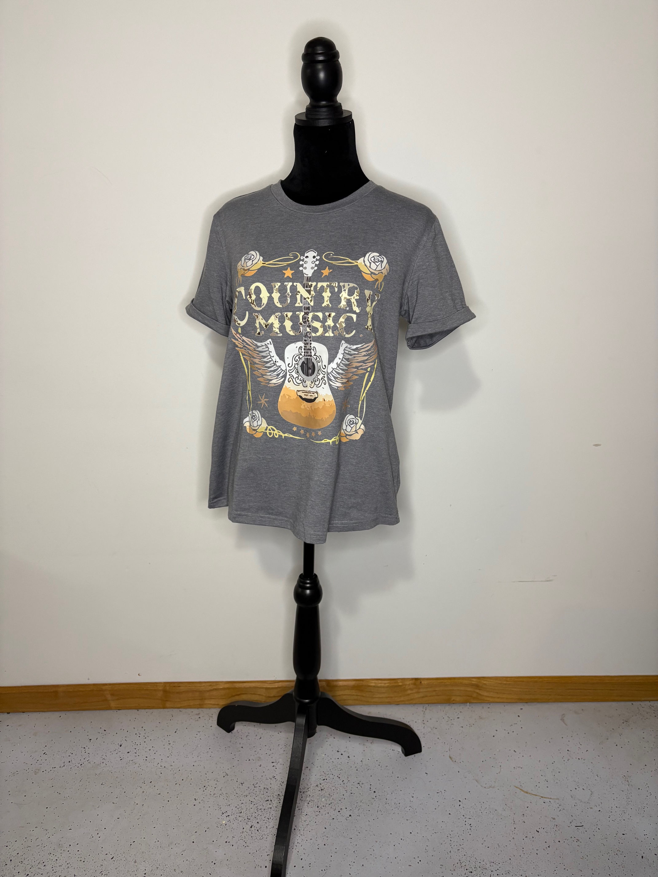 Country Music Guitar Graphic Print Crew Neck T Shirt