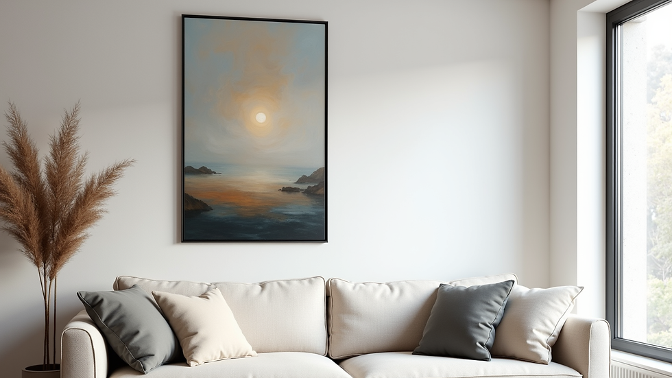 Close-up view of a contemporary painting hanging on a white wall in a stylish living room