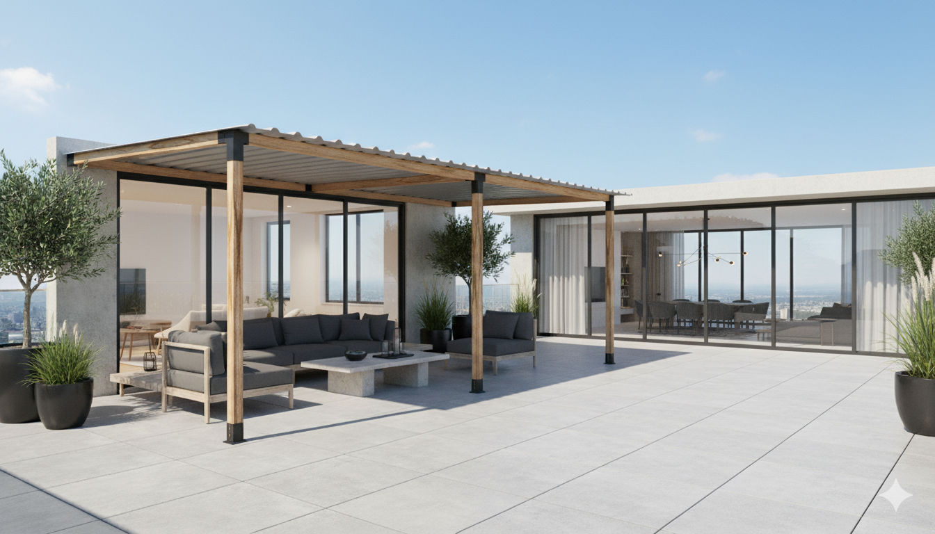 iAhşap Breketli Sundurma Pergole 3 Ana Direkli Trapezli Gölgelikli