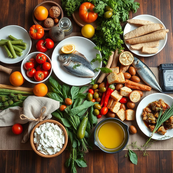 a mediterranean diet style table full of veggies, fruits, fish, olives, olive oil.jpg