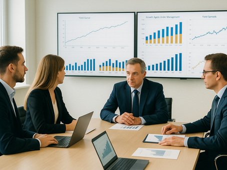 A bright modern boardroom with four business professionals seated around a light wooden conference table, reviewing financial documents and laptop screens. Behind them, three large wall-mounted monitors display charts including yield curves, growth in assets under management, and bar graphs. The executives wear formal business attire and appear focused in a collaborative financial discussion