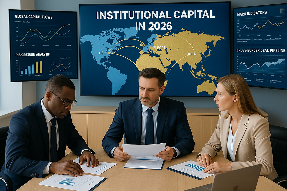 Three financial executives sit around a conference table analyzing printed reports and laptop data, with large digital screens behind them displaying a world map labeled ‘Institutional Capital in 2026,’ global capital flow lines connecting the U.S., Europe, and Asia, and various financial charts showing macro indicators, yield trends, risk-return analysis, and cross-border deal pipelines.