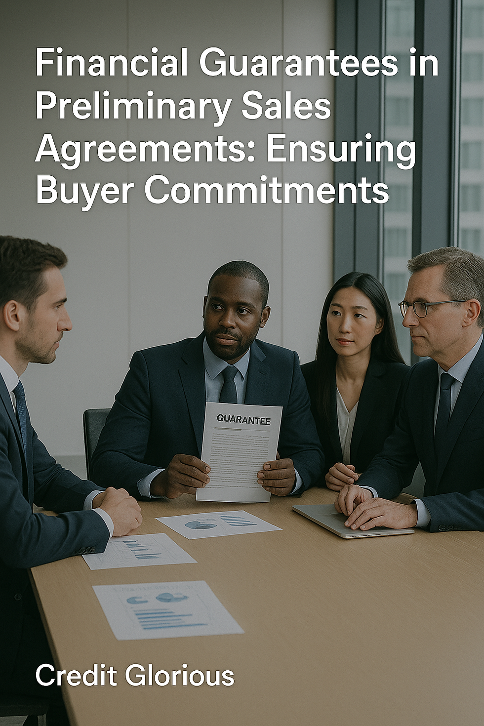 Four financial professionals at Credit Glorious meet in a bright, modern glass office to discuss a Financial Guarantee for a preliminary sales agreement, ensuring buyer commitments, protecting sellers from default, and enhancing trust in high-value international transactions