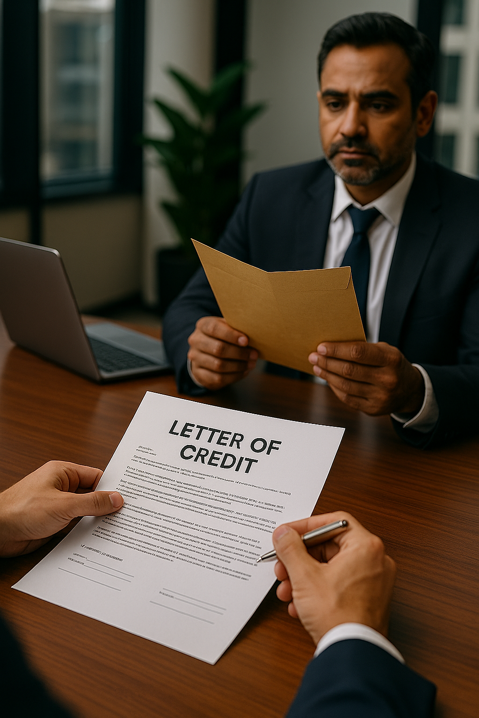 Two business executives in a modern office finalize a Letter of Credit agreement, representing international trade and financial trust. One professional signs the document while the other reviews supporting papers, with a laptop on the desk and city skyline in the background. The image reflects Credit Glorious’s expertise in structured finance, global trade facilitation, and secure banking instruments