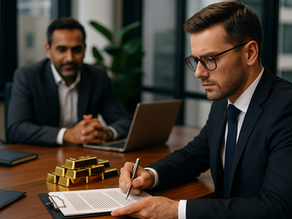 Two business professionals in a modern glass office discuss a financial agreement. One executive signs a bank guarantee document beside a stack of gold bars, symbolizing liquidity and structured finance. The meeting conveys trust, precision, and corporate expertise — representing Credit Glorious’s approach to unlocking capital and transforming collateral into financial opportunity