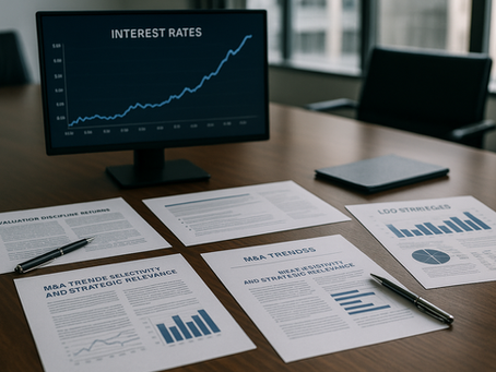 A modern conference room with a large monitor displaying the title “How the Cost of Money Is Reshaping M&A, LBO Strategies, and Private Credit Dynamics” alongside a rising interest-rate chart. On the table below, neatly arranged financial documents labeled “M&A Trends” and “LBO Strategies” show graphs and analysis, next to pens and glasses, creating a clean, executive setting focused on high-level financial strategy.