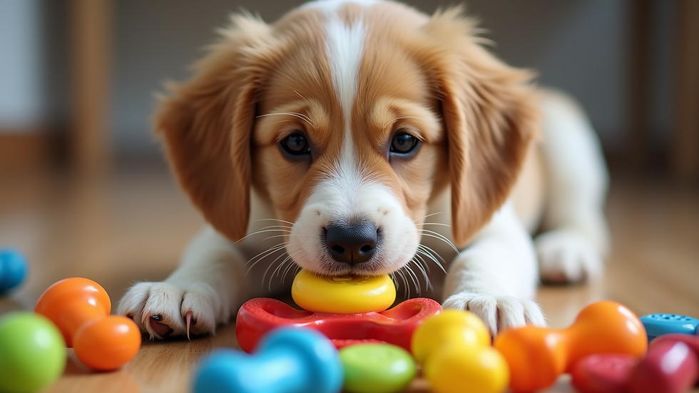 Close-up view of colorful chew toys arranged for a playful puppy