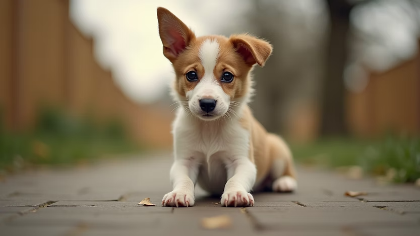 Cute puppy with one floppy ear sits on a paved path, surrounded by blurred greenery and fences. Curious expression, soft colors.