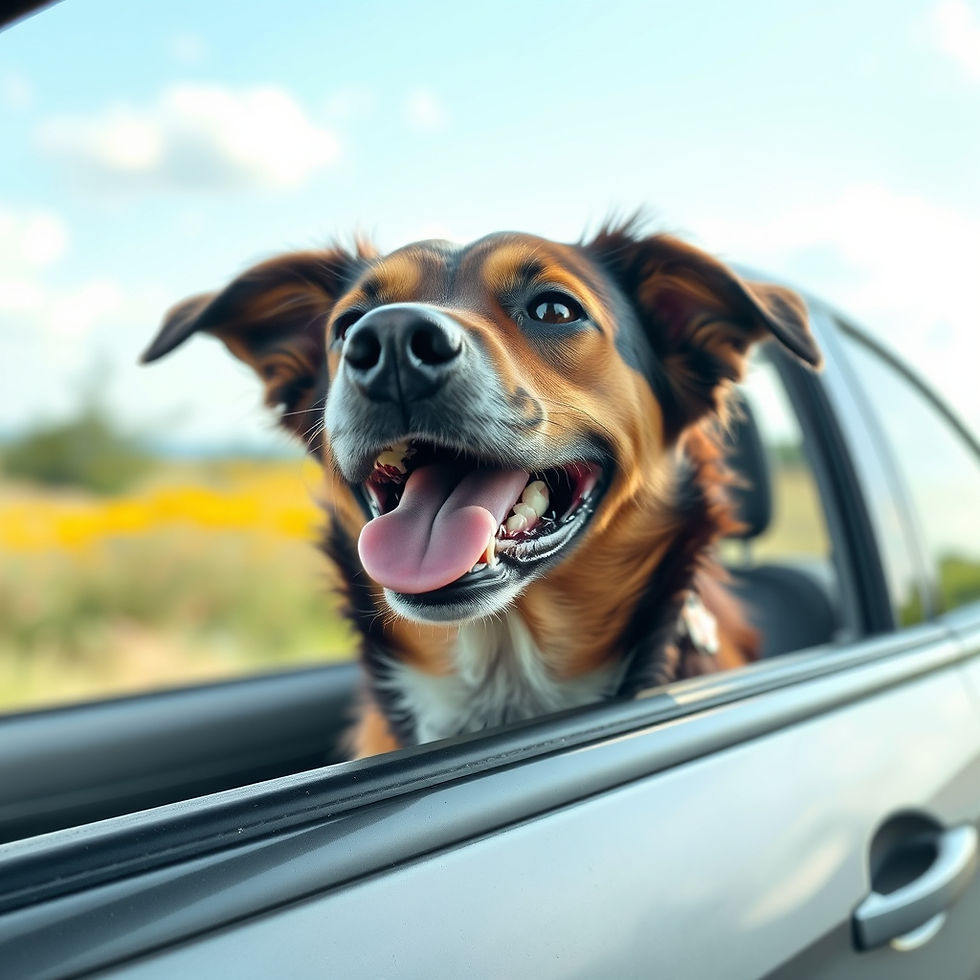 Happy dog with tongue out leans out car window on a sunny day. Background shows blurry green fields and blue sky with clouds.