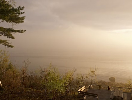 Misty morning over Frenchman Bay from the Baycliff cliff deck on Mount Desert Island near Acadia National Park.
