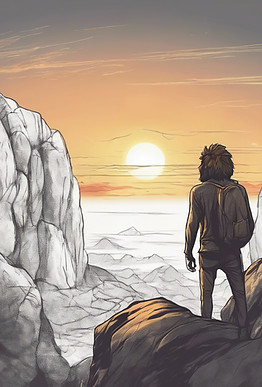 a traveler man with a beard and a lion hair standing with his back on a big rock looking a