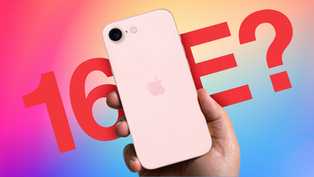 Hand holding a light pink iPhone against a gradient background with large red text "16 E?". The mood is curious and colorful.
