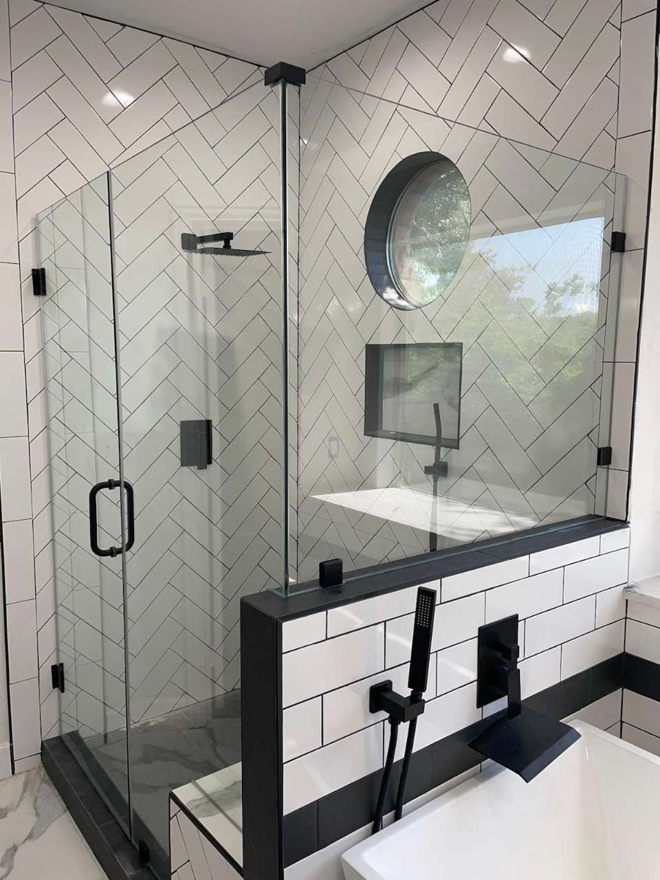 90 bathroom,  black harware, litle wall