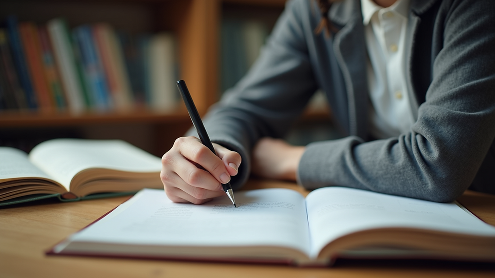 Close-up view of a student studying with books and notes