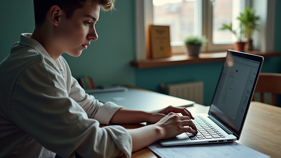 High angle view of a student using a laptop for online math coaching