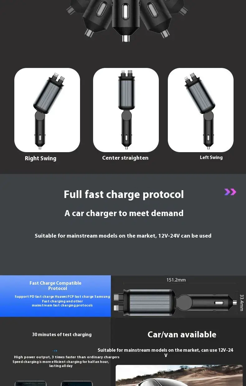 Miniatura: Car Mobile Phone Charger Four-in-one Multi-function Double Telescopic Strip Line