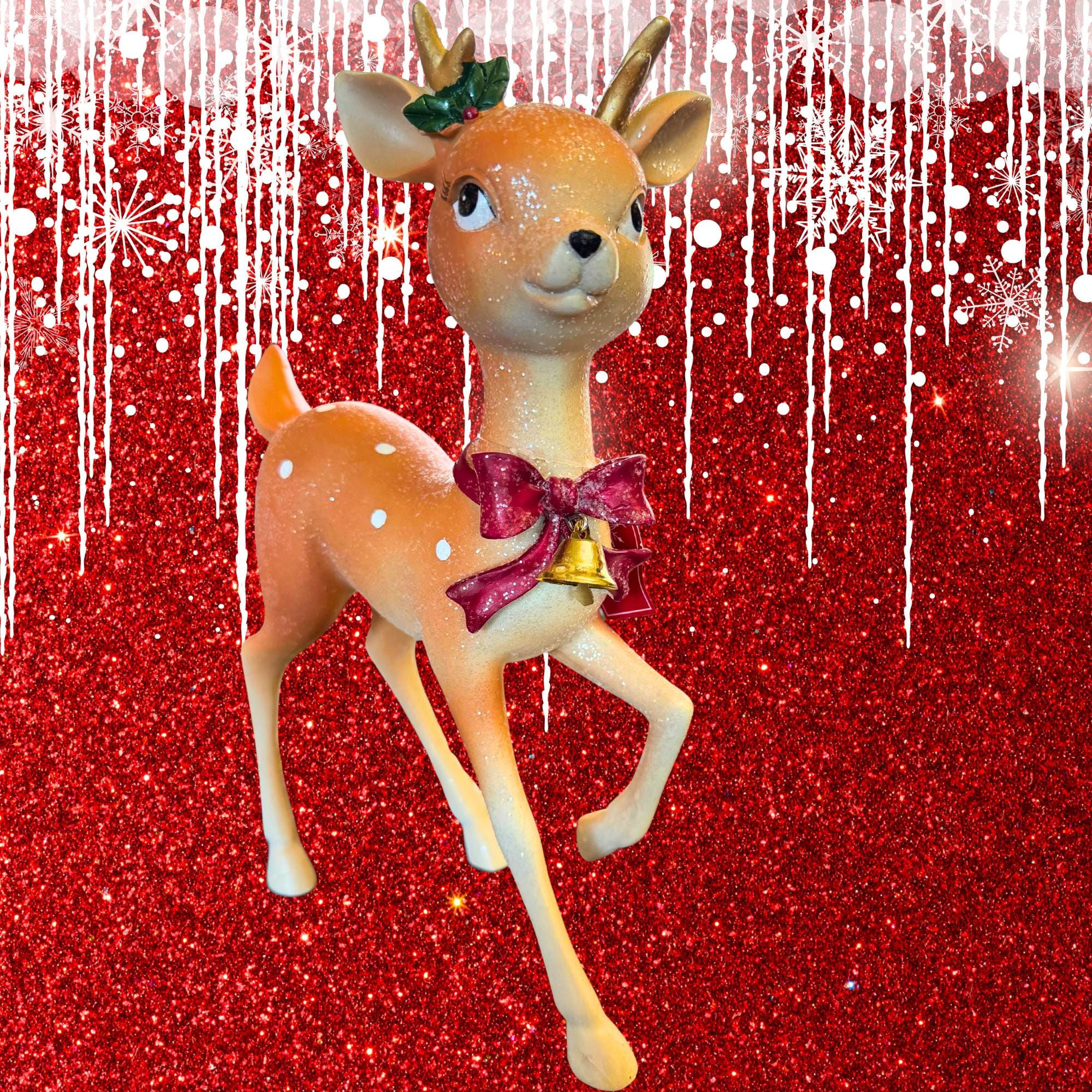 Holiday Time Retro Glitter Christmas Reindeer Figurine – 11” Tall