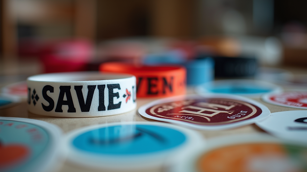 Close-up view of custom printed wristbands and stickers for music fans