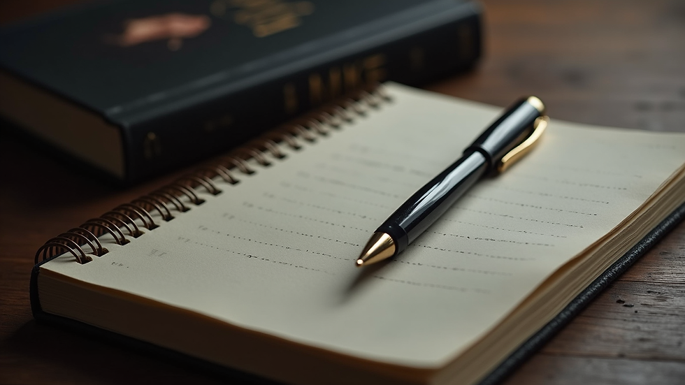 Close-up view of a journal and pen beside a dark romance novel