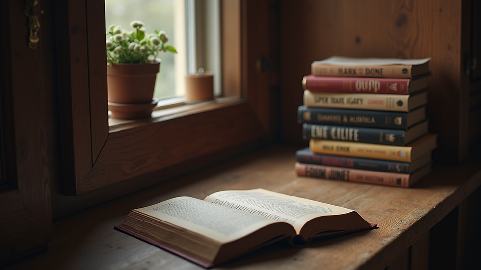 Eye-level view of a cozy reading nook with dark romance novels stacked neatly