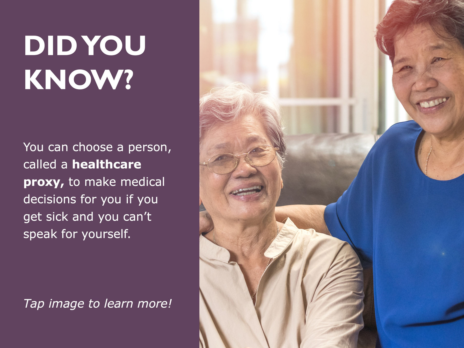 Image of two people smiling beside text defining "healthcare proxy" as a person who can make medical decisions for you if you get sick and cannot speak for yourself