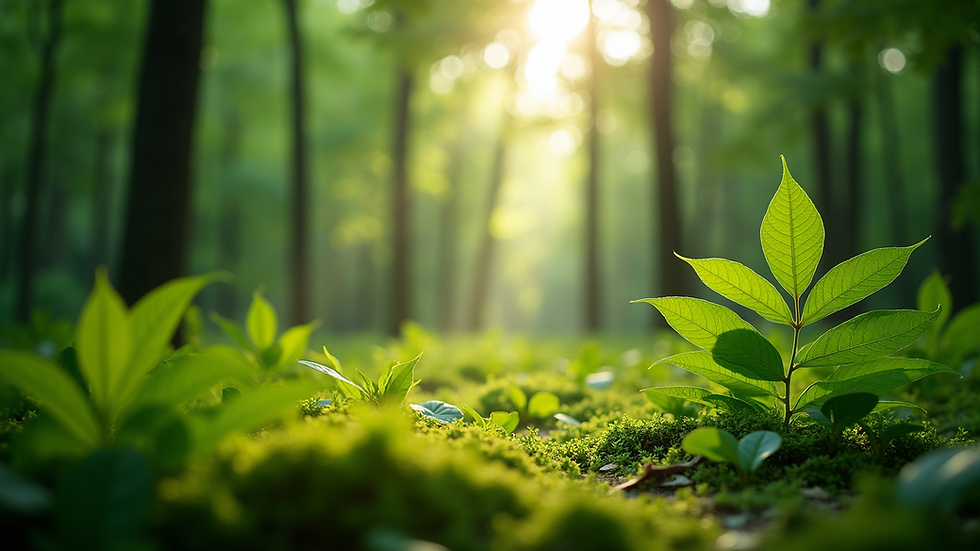 Eye-level view of a lush green forest with sunlight filtering through the leaves