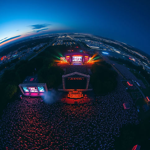 Birds Eye View at nighttime music festival, thousands of people Many Stages over several