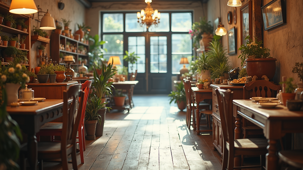 Eye-level view of vintage furniture and decor in a bright market space