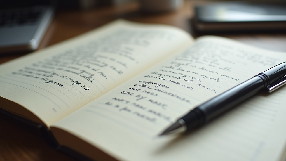 close-up view of a notebook with handwritten notes and a pen