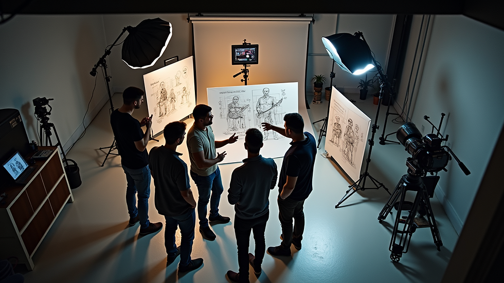 high angle view of a production team discussing storyboard in a studio