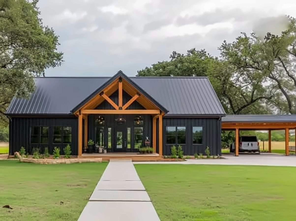 Black barndominium with a timber entry and carport, the planned Keithville, Louisiana property