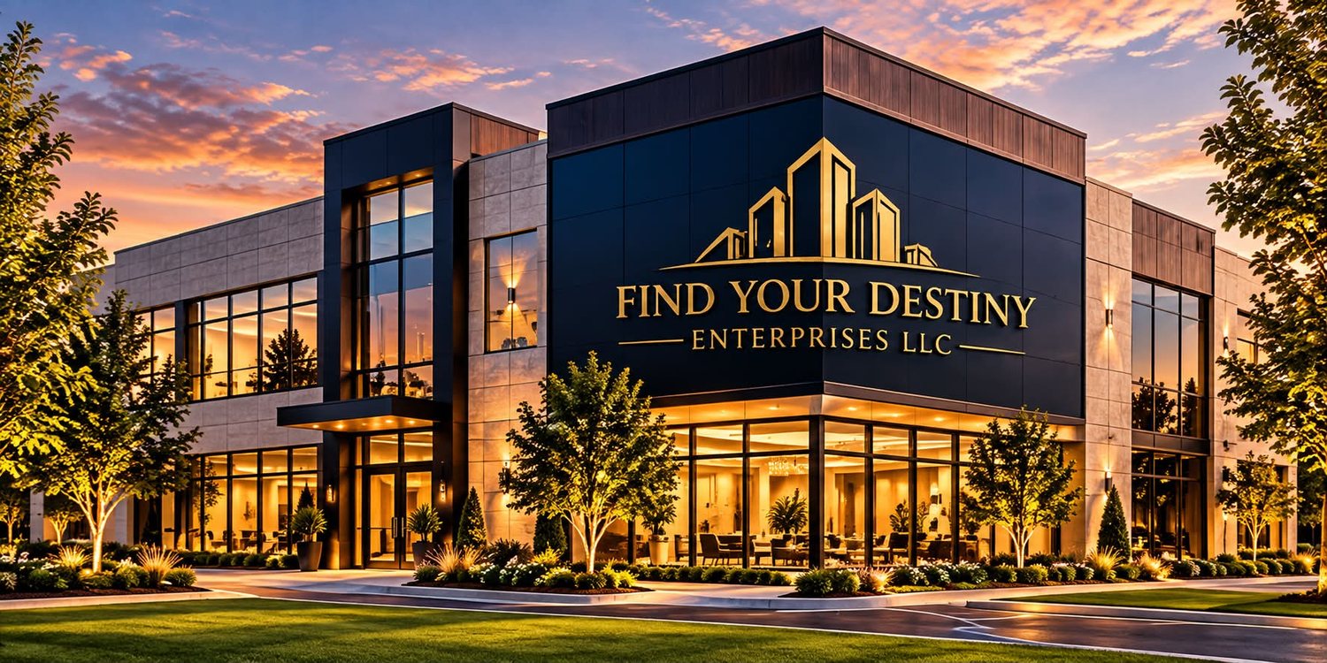Concept rendering of a future commercial building with gold Find Your Destiny Enterprises signage