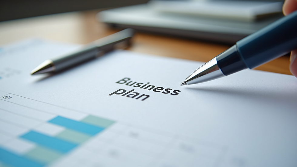 Close-up view of a printed business plan document with notes and a pen