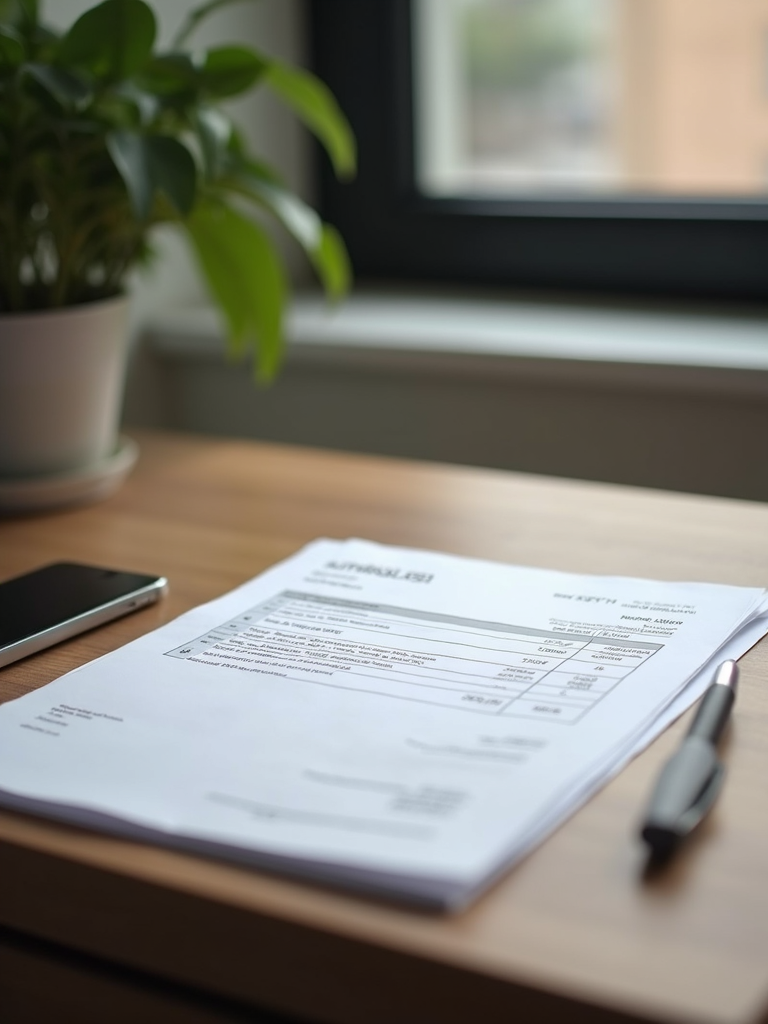 A folded professional invoice document sitting on a clean desk surface.