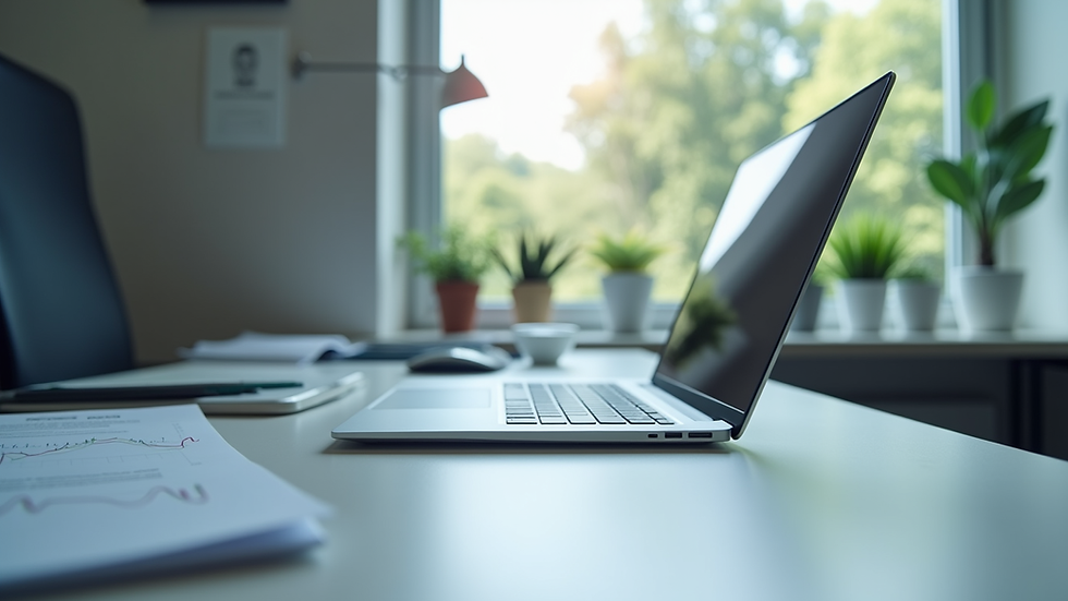 Eye-level view of a medical office desk with a laptop and business documents