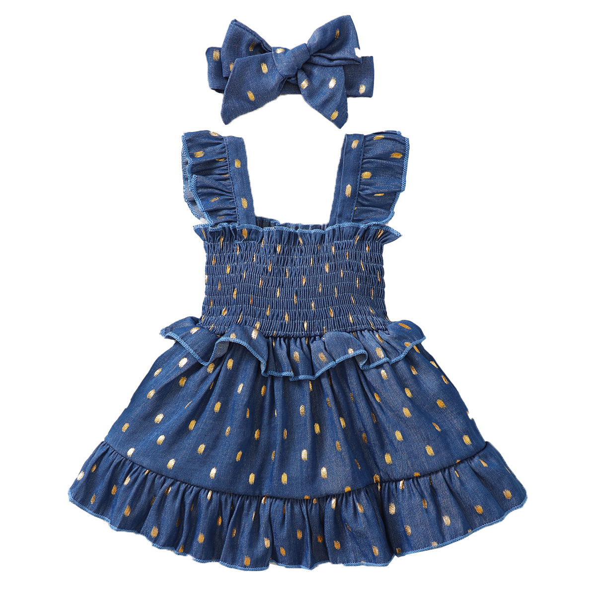 Vestido azul com bolinhas douradas