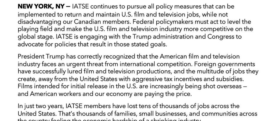IATSE releases statement about Trump's film tarrif threat