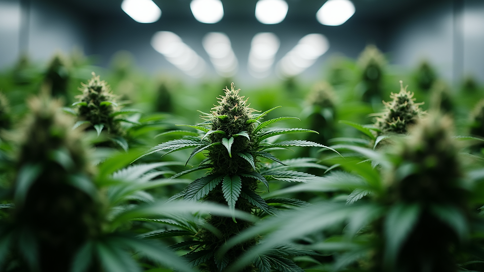 Eye-level view of dense cannabis plants in a controlled indoor grow room